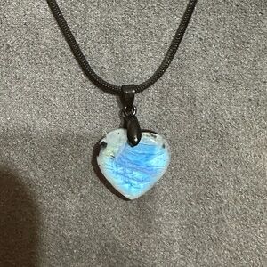 Rainbow Moonstone Heart Shaped Pendant Necklace on Black Stainless Steel Chain
